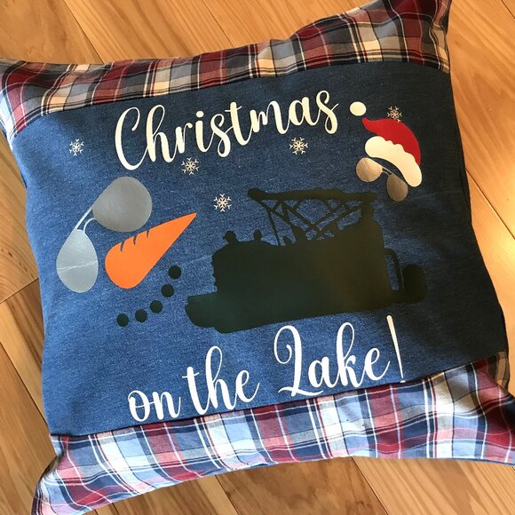 Holiday Lake Scene Pillow Cover: Appliqued Christmas on the Lake w/Pontoon 18x18 - Picture 5 of 10